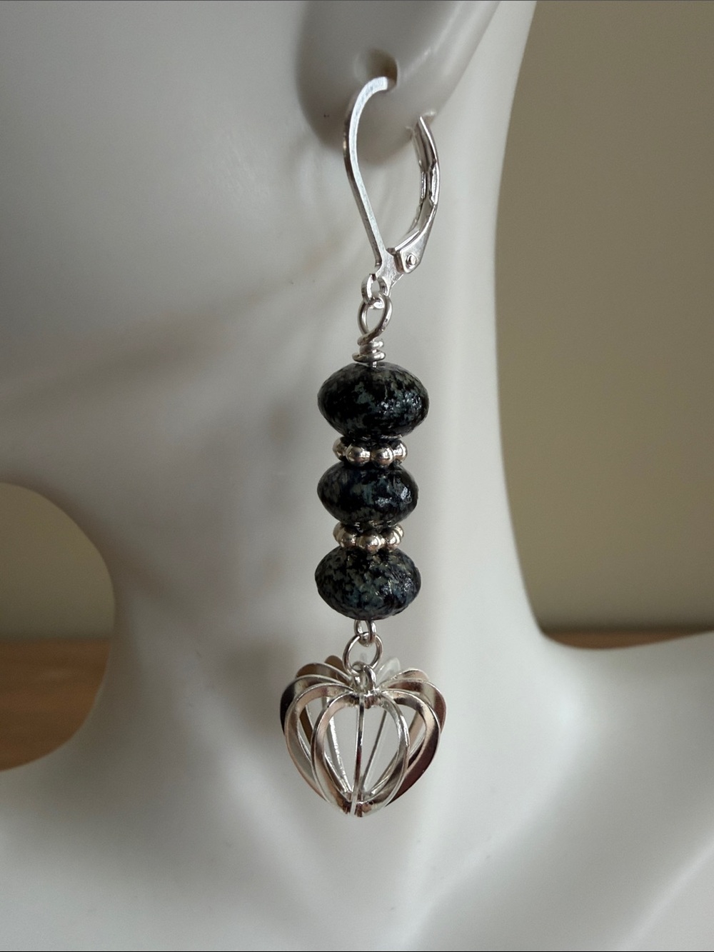 HAND CRAFTED BLACK CZECH GLASS SILVER CAGE DROP EARRINGS - Picture 3 of 9